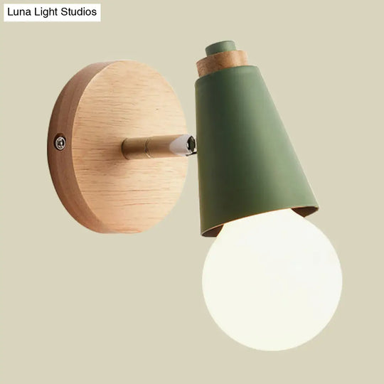 Macaron Loft Sweet Cone Wall Light - Metal/Wood Backplate Rotatable Single Blue/Green/Pink Corridor