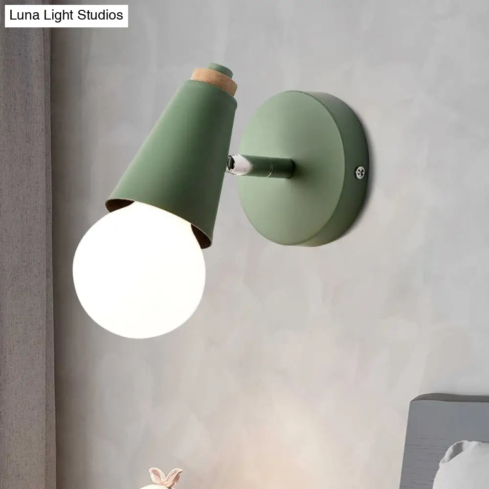 Macaron Loft Sweet Cone Wall Light - Metal/Wood Backplate Rotatable Single Blue/Green/Pink Corridor