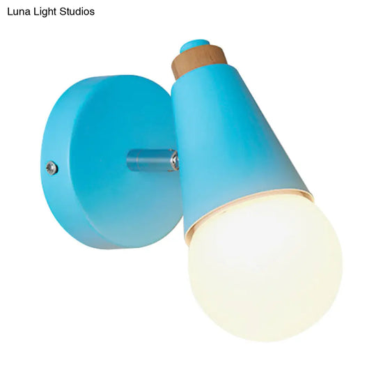 Macaron Loft Sweet Cone Wall Light - Metal/Wood Backplate Rotatable Single Blue/Green/Pink Corridor