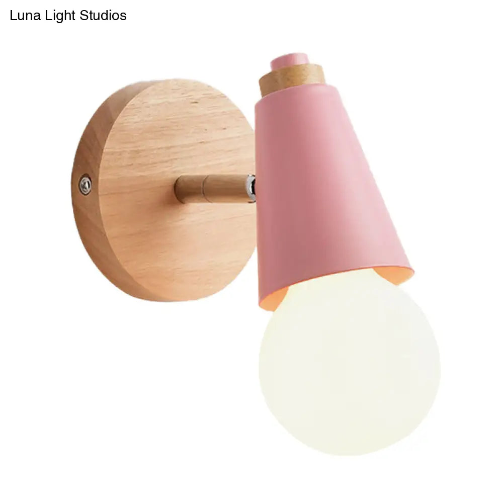 Macaron Loft Sweet Cone Wall Light - Metal/Wood Backplate Rotatable Single Blue/Green/Pink Corridor