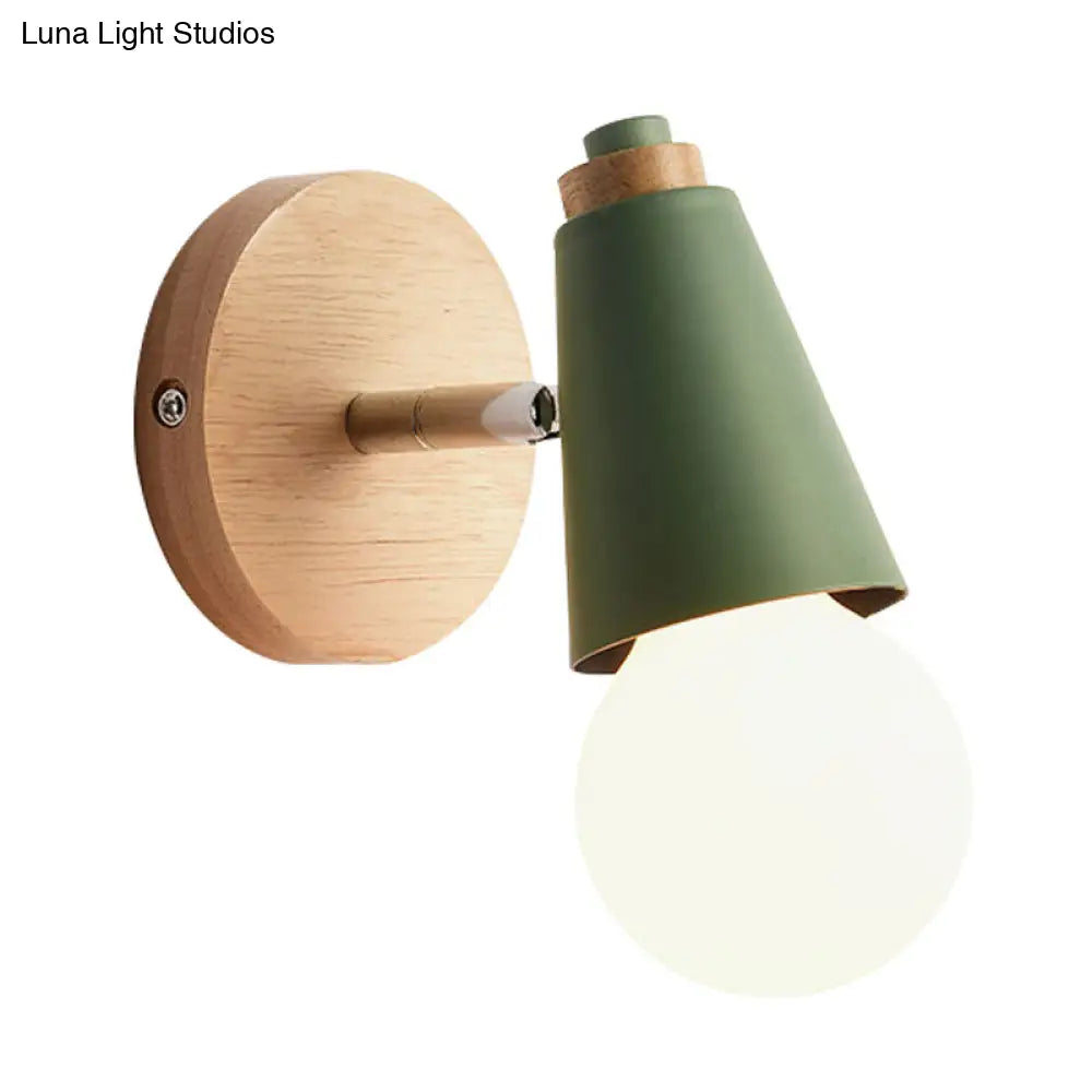 Macaron Loft Sweet Cone Wall Light - Metal/Wood Backplate Rotatable Single Blue/Green/Pink Corridor