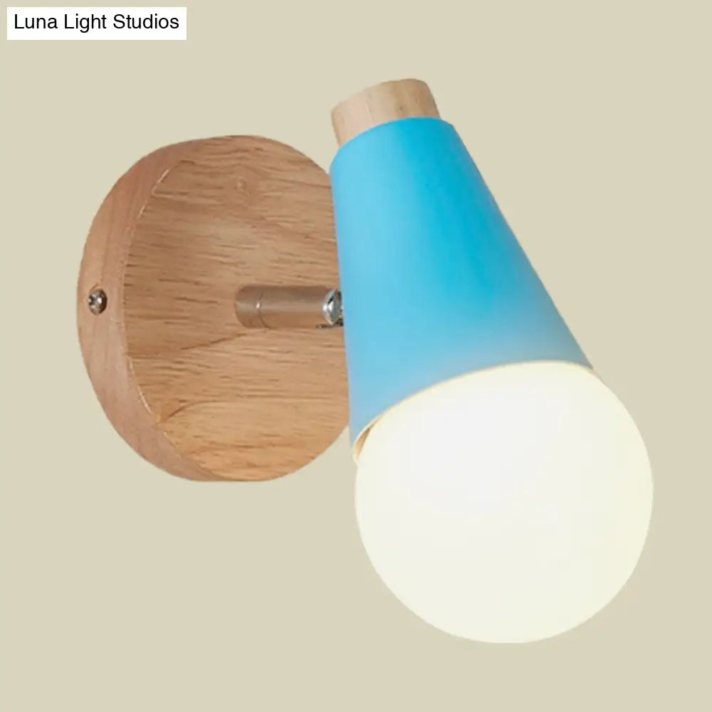 Macaron Loft Sweet Cone Wall Light - Metal/Wood Backplate Rotatable Single Blue/Green/Pink Corridor