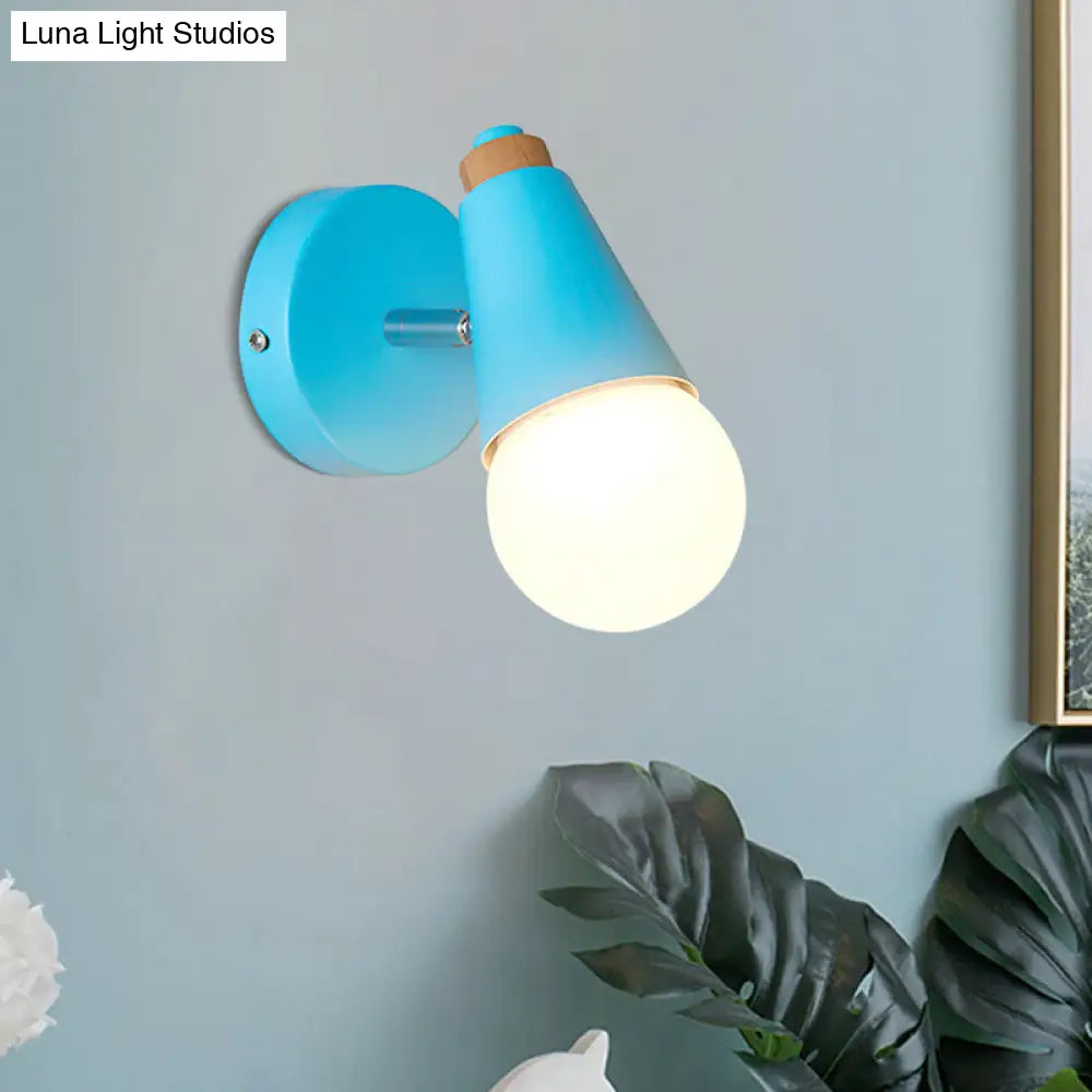 Macaron Loft Sweet Cone Wall Light - Metal/Wood Backplate Rotatable Single Blue/Green/Pink Corridor