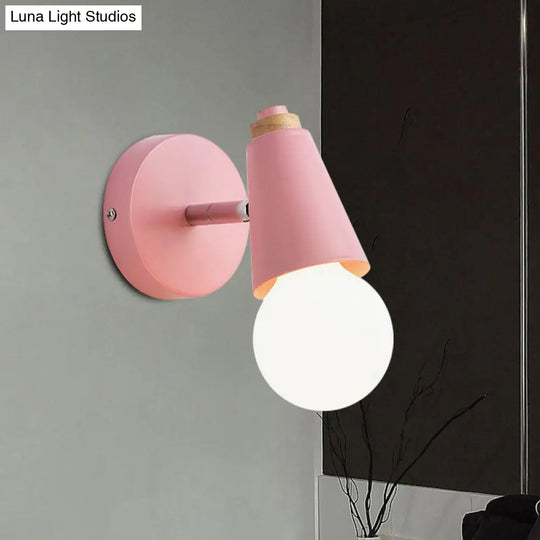 Macaron Loft Sweet Cone Wall Light - Metal/Wood Backplate Rotatable Single Blue/Green/Pink Corridor