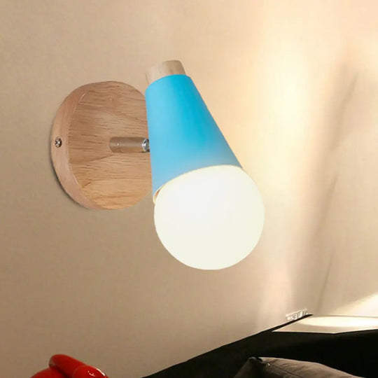 Macaron Loft Sweet Cone Wall Light - Metal/Wood Backplate Rotatable Single Blue/Green/Pink Corridor