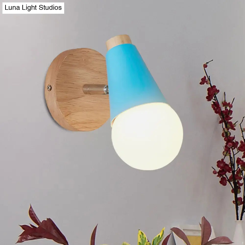 Macaron Loft Sweet Cone Wall Light - Metal/Wood Backplate Rotatable Single Blue/Green/Pink Corridor