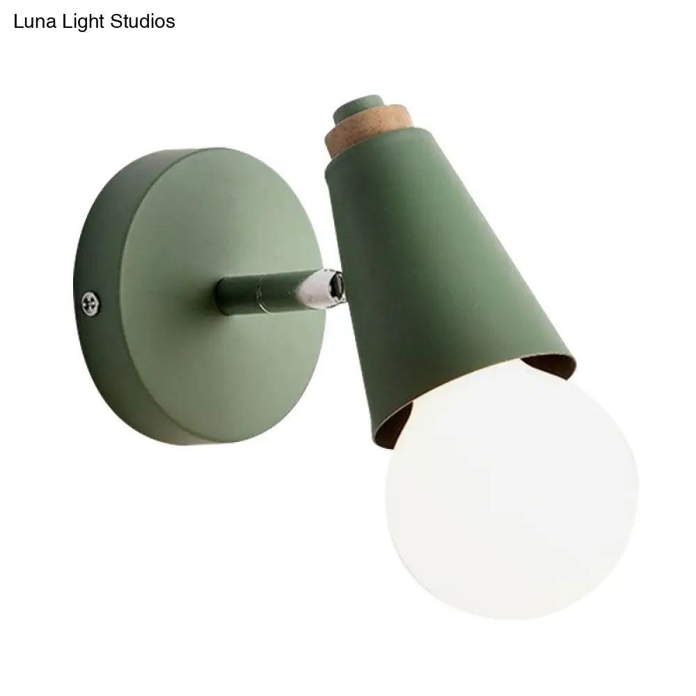 Macaron Loft Sweet Cone Wall Light - Metal/Wood Backplate Rotatable Single Blue/Green/Pink Corridor