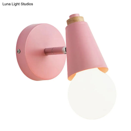 Macaron Loft Sweet Cone Wall Light - Metal/Wood Backplate Rotatable Single Blue/Green/Pink Corridor