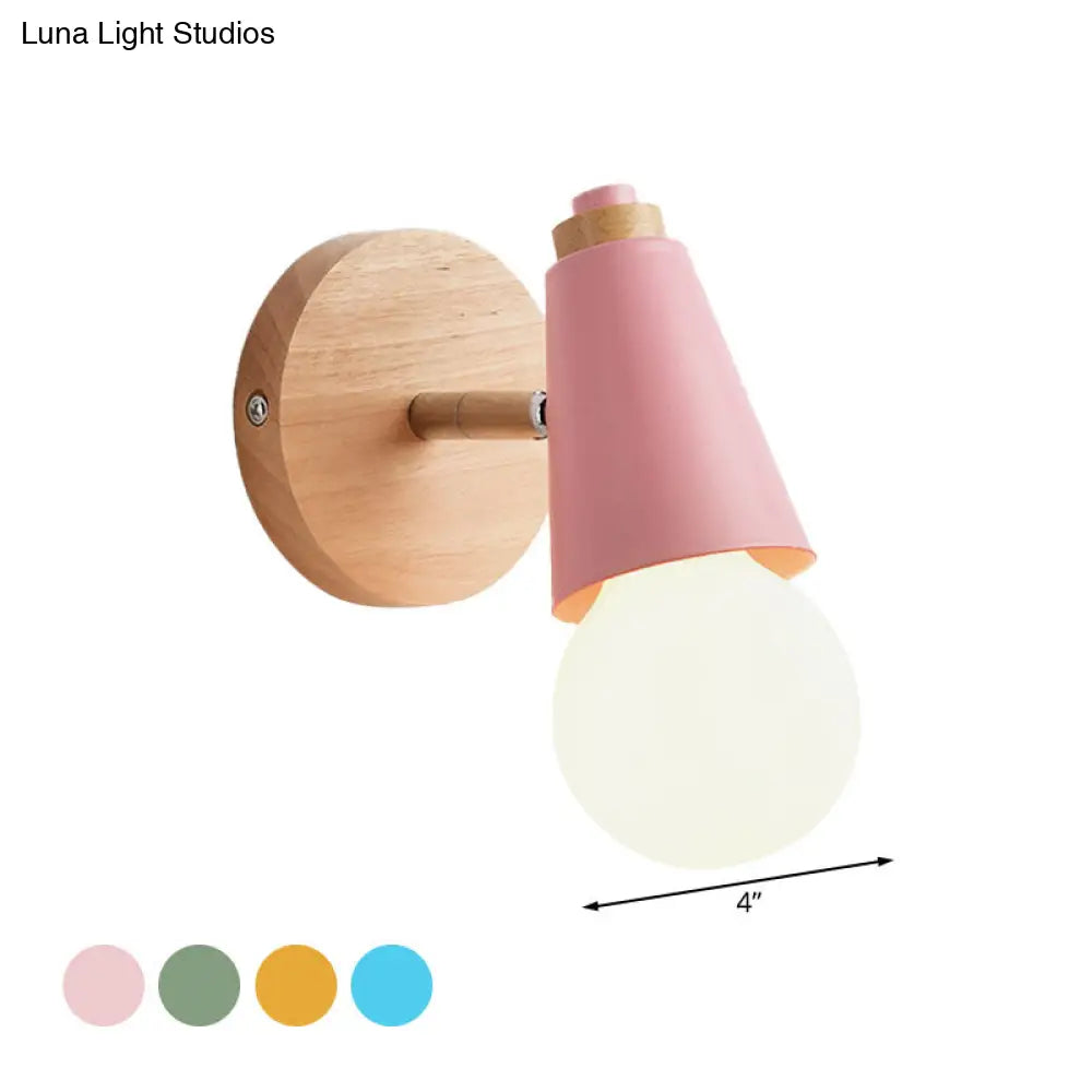 Macaron Loft Sweet Cone Wall Light - Metal/Wood Backplate Rotatable Single Blue/Green/Pink Corridor