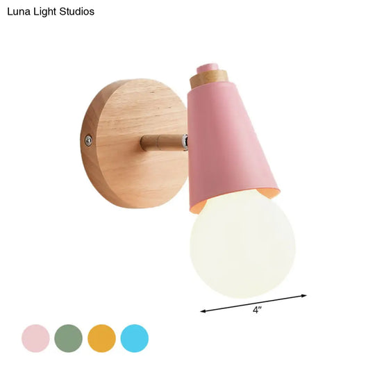 Macaron Loft Sweet Cone Wall Light - Metal/Wood Backplate Rotatable Single Blue/Green/Pink Corridor