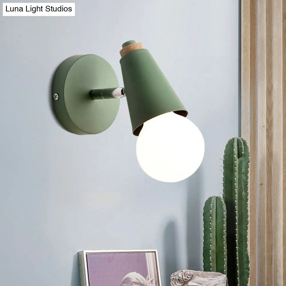 Macaron Loft Sweet Cone Wall Light - Metal/Wood Backplate Rotatable Single Blue/Green/Pink Corridor