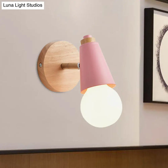 Macaron Loft Sweet Cone Wall Light - Metal/Wood Backplate Rotatable Single Blue/Green/Pink Corridor