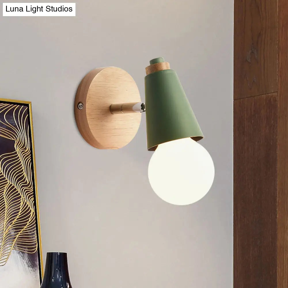 Macaron Loft Sweet Cone Wall Light - Metal/Wood Backplate Rotatable Single Blue/Green/Pink Corridor