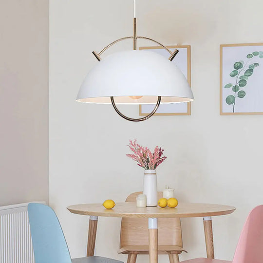 Macaron Metal Bowl Pendant Light - Blue/White/Khaki 1 Head Hanging Ceiling Lamp With Handle White