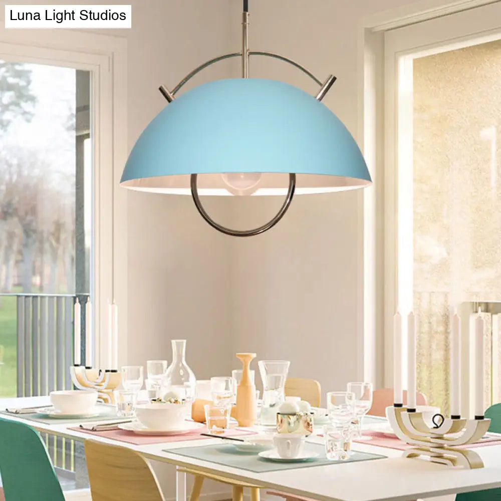 Down Lighting Macaron Hanging Ceiling Light - Metal Bowl Design 1 Head Blue/White/Khaki With Handle