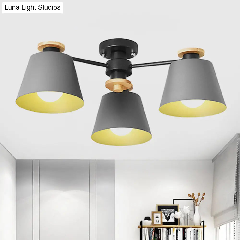 Macaron Metal Bucket Semi Flush Ceiling Light - Ideal For Adult Bedrooms Three Bulbs Fixture