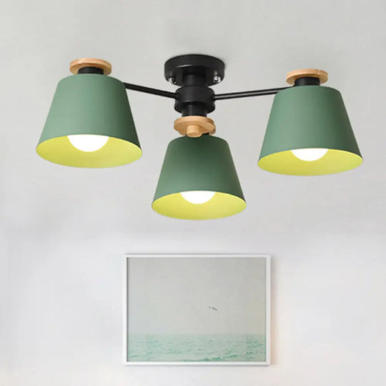 Macaron Metal Bucket Semi Flush Ceiling Light - Ideal For Adult Bedrooms Three Bulbs Fixture Green