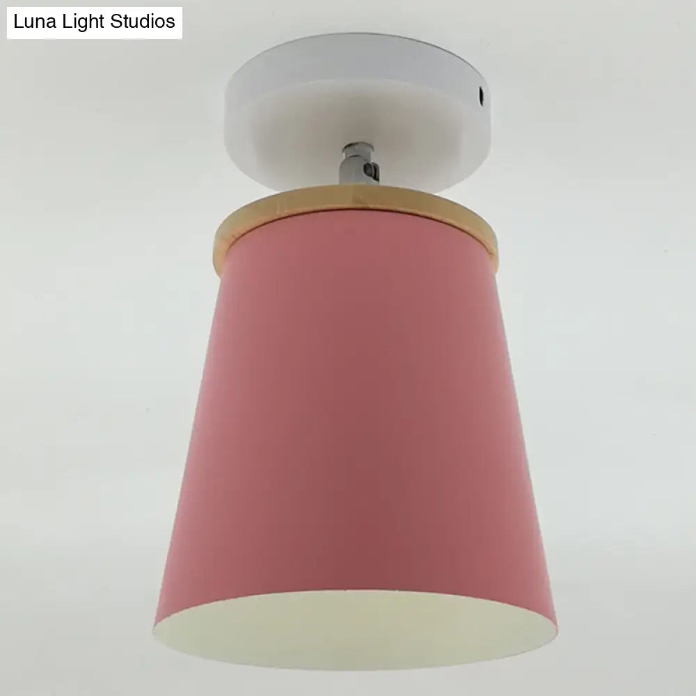 Macaron Metal Ceiling Mount Chandelier - 1-Light Semi Flush For Bedroom Pink / Cylinder