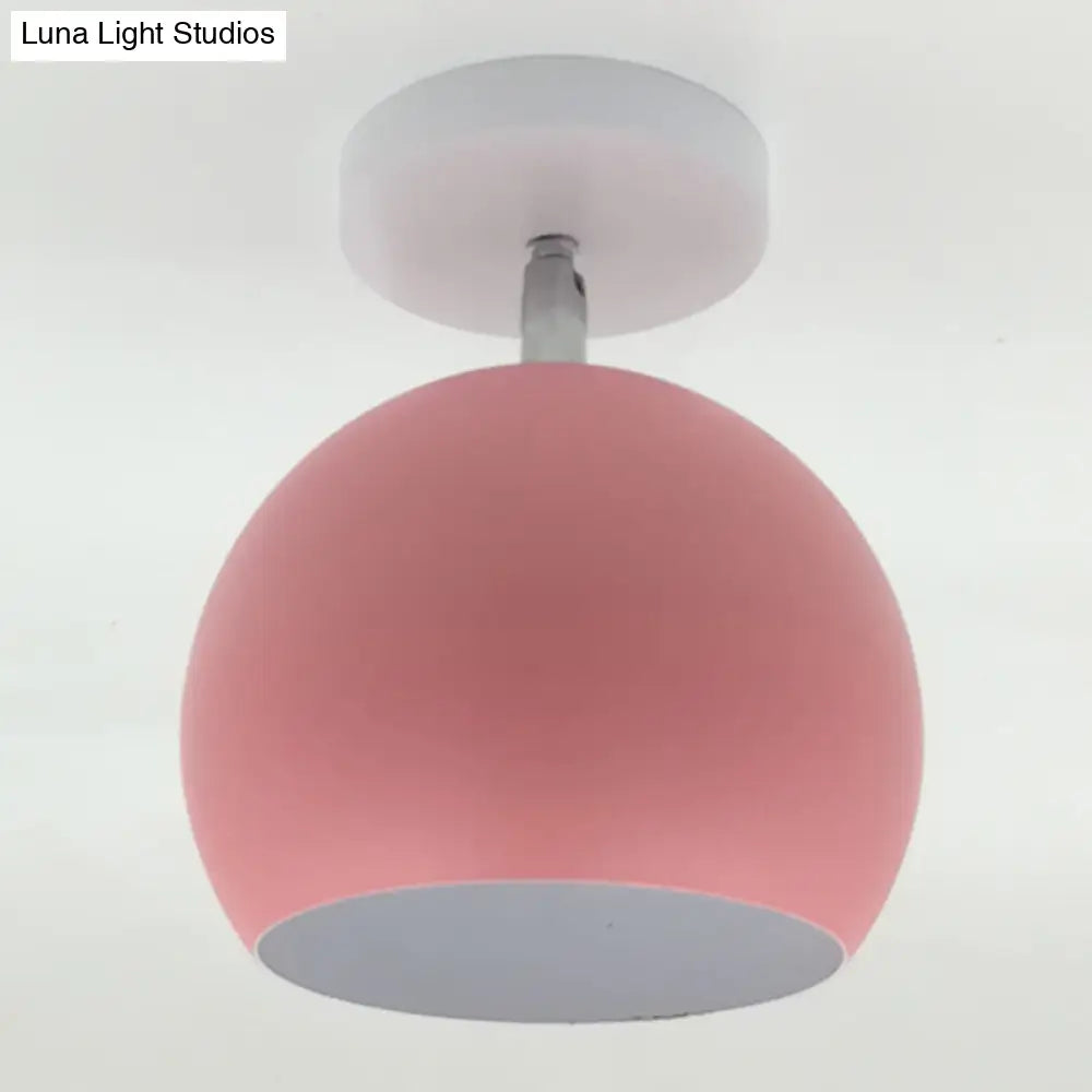 Macaron Metal Ceiling Mount Chandelier - 1-Light Semi Flush For Bedroom Pink / Globe