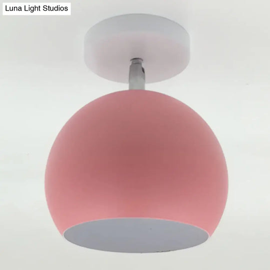 Macaron Metal Ceiling Mount Chandelier - 1-Light Semi Flush For Bedroom Pink / Globe