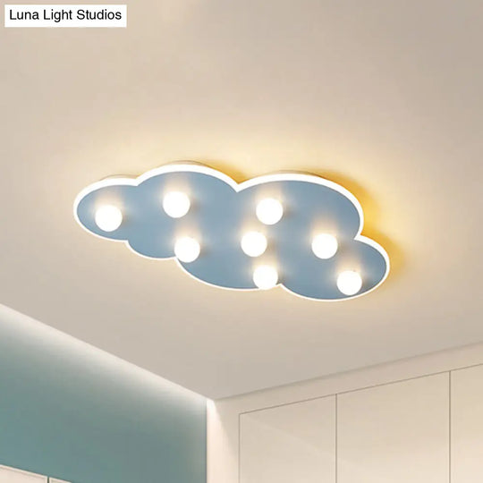 Macaron Metal Cloud Ceiling Light For Kids Bedroom - Blue/Pink/White Flush Mount With 8 Leds