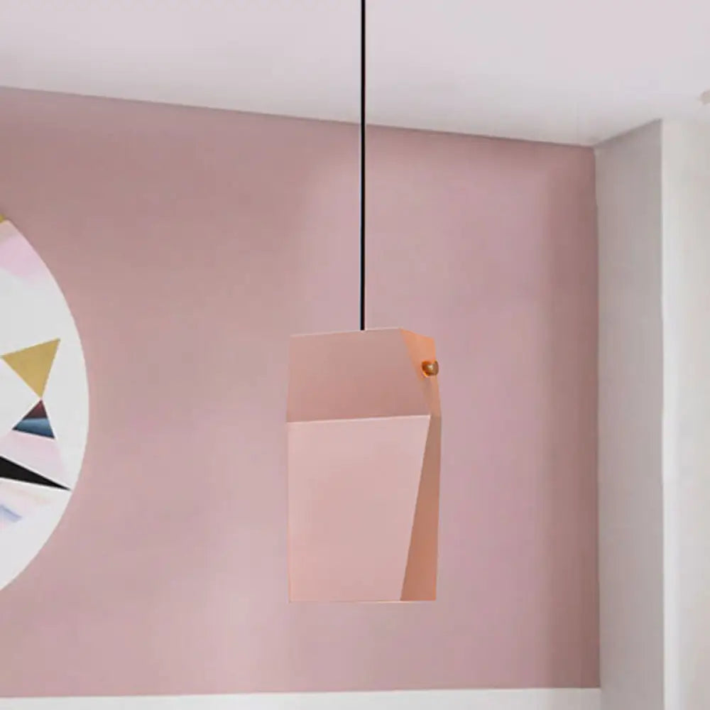 Macaron Metal Hanging Ceiling Light - Curved Rectangle 1 Head Pink Pendant Fixture For Loft House