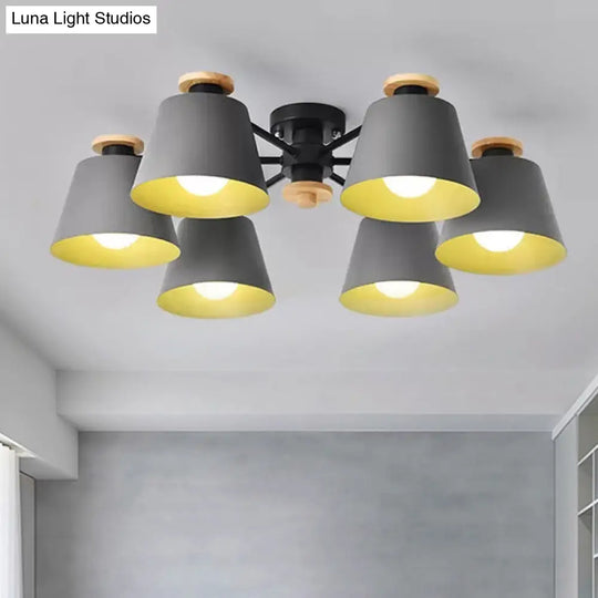 Macaron Metal Semi Flushmount Light - 6 Heads Bucket Ceiling For Kindergarten And Lofts