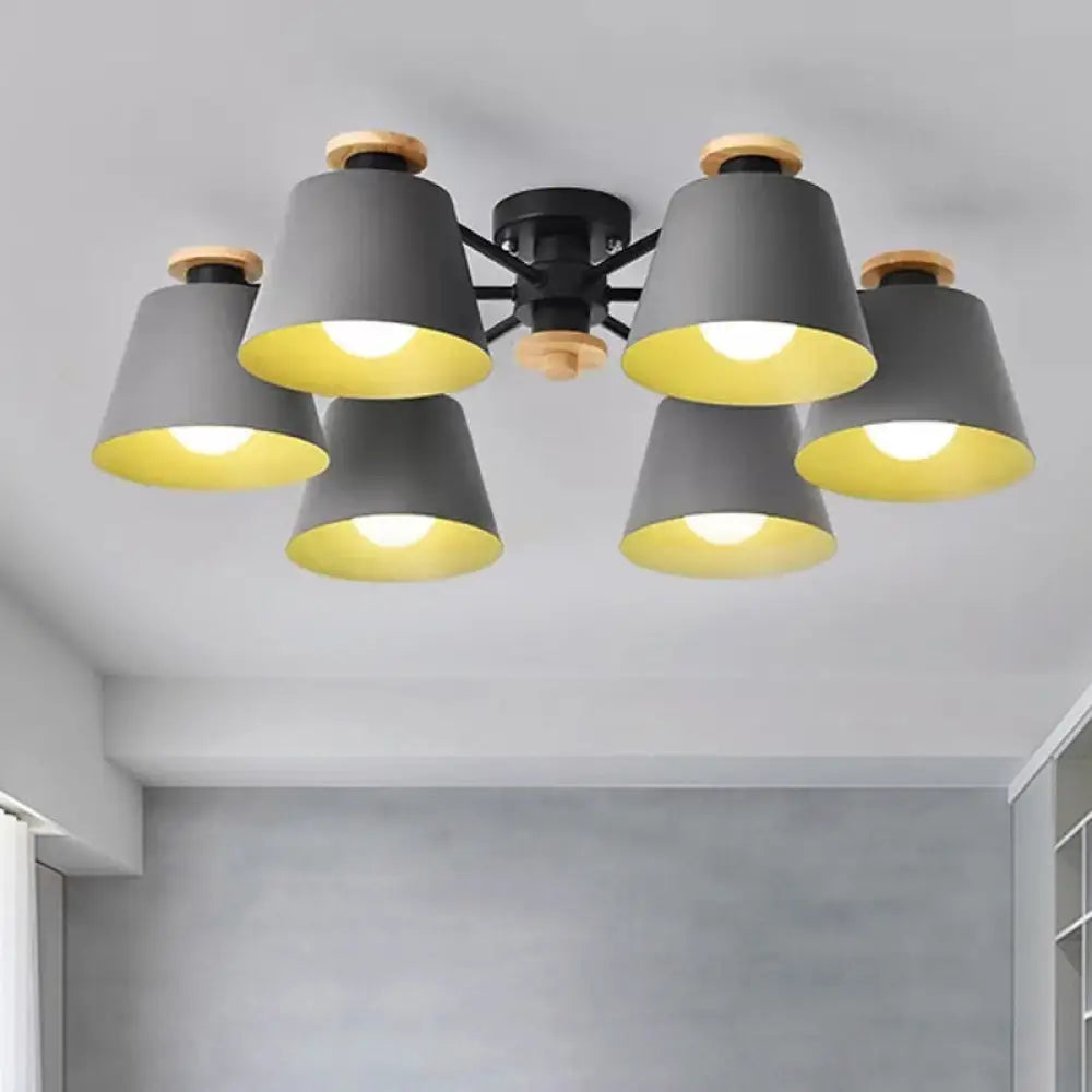 Macaron Metal Semi Flushmount Light - 6 Heads Bucket Ceiling For Kindergarten And Lofts Grey