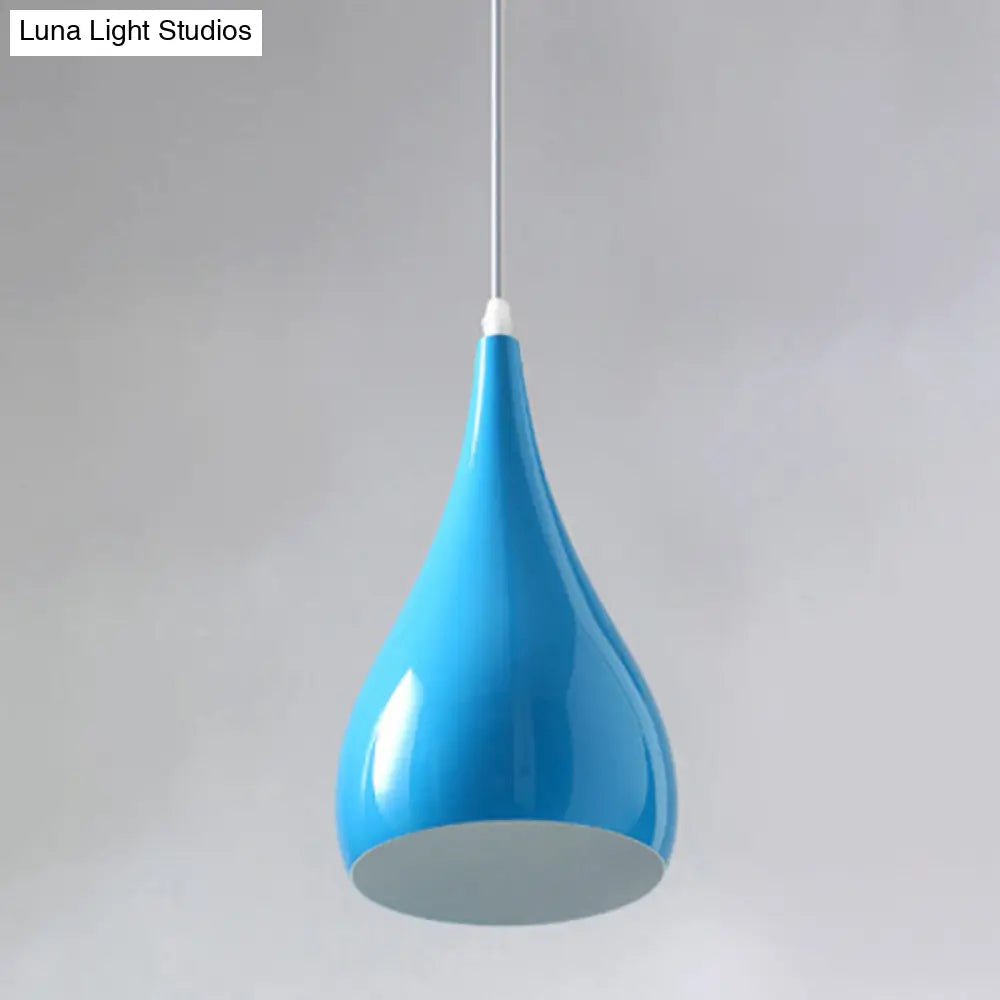 Teardrop Shaped Macaron Metal Pendant Light Fixture - 1 Ceiling Suspension For Dining Room Blue /