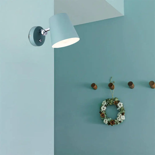 Macaron Metallic Conical Wall Sconce: 1-Light Pink/Yellow/Blue Fixture For Balcony - 5 W Blue