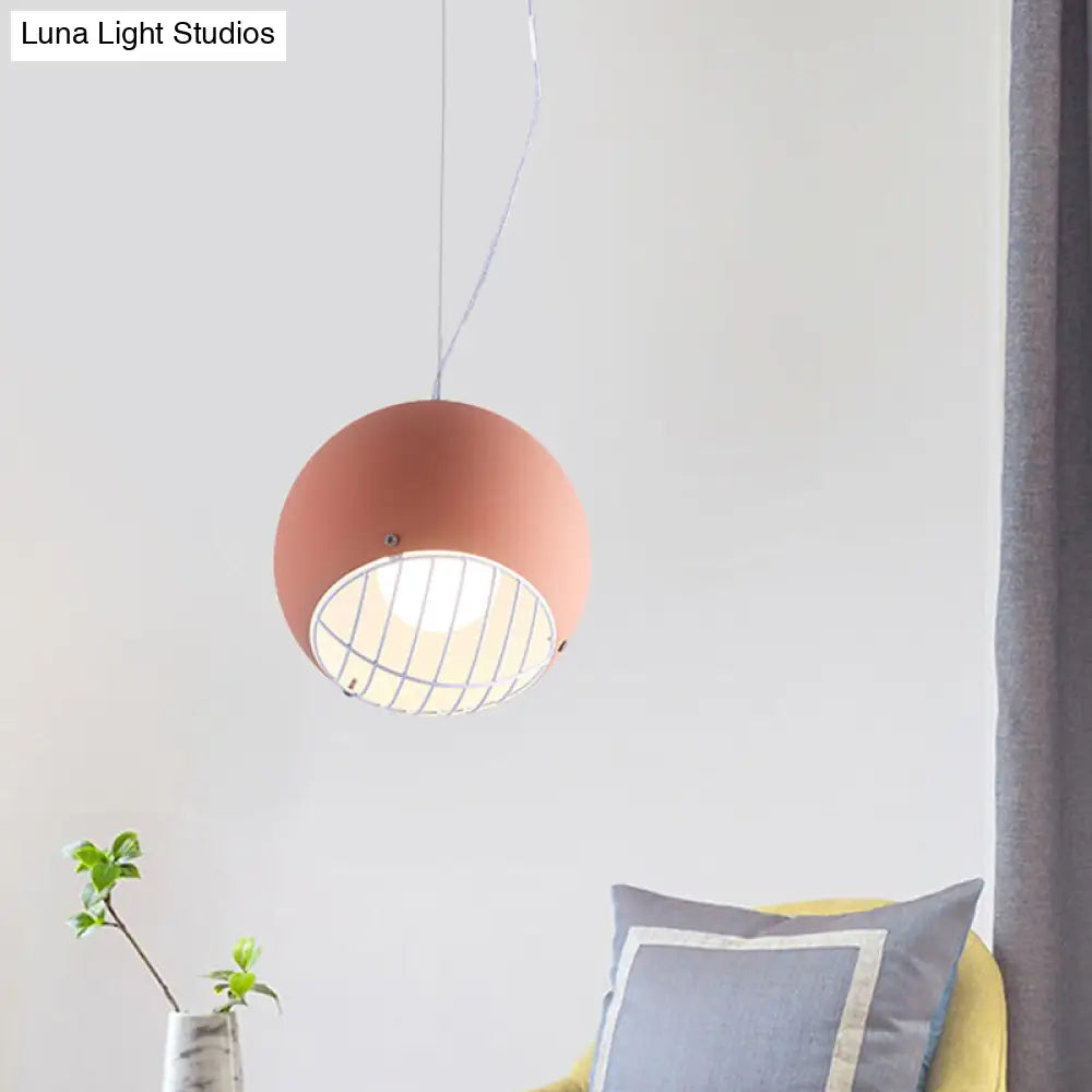 Mini Dome Macaron Pendant Light In Pink With Wire Guard - Aluminum Ceiling Lamp For Bedside