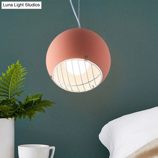 Mini Dome Macaron Pendant Light In Pink With Wire Guard - Aluminum Ceiling Lamp For Bedside