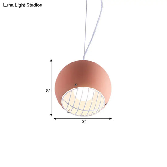 Mini Dome Macaron Pendant Light In Pink With Wire Guard - Aluminum Ceiling Lamp For Bedside