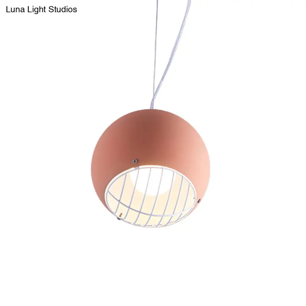 Mini Dome Macaron Pendant Light In Pink With Wire Guard - Aluminum Ceiling Lamp For Bedside