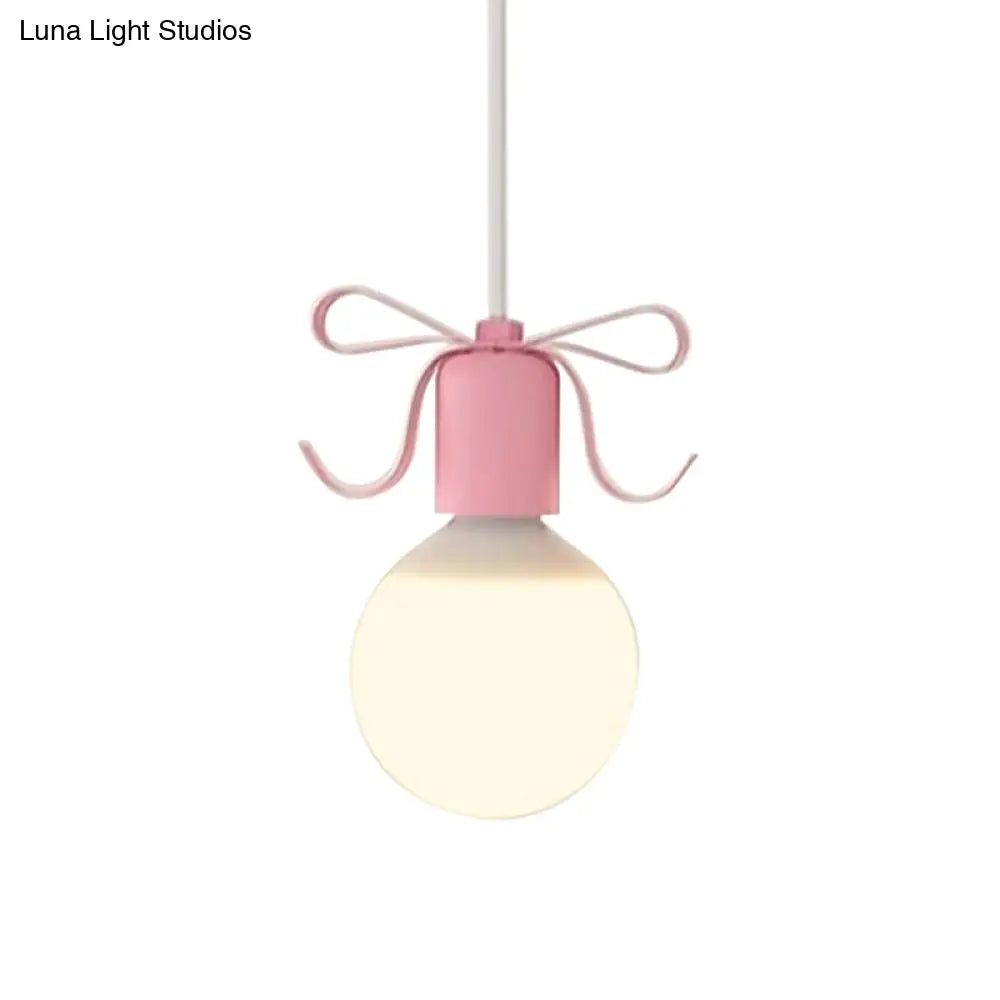 Macaron Modo Hanging Light Kit - White Glass 1-Head Pendant Lamp With Grey/Pink Finish And Bow Deco