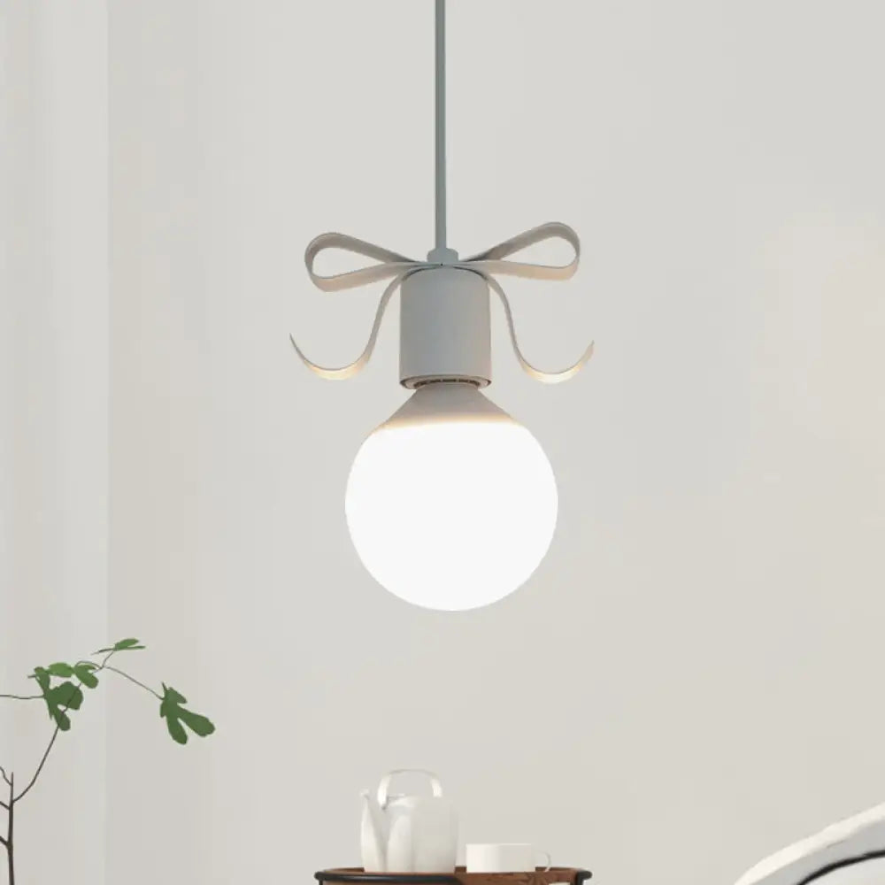 Macaron Modo Hanging Light Kit - White Glass 1-Head Pendant Lamp With Grey/Pink Finish And Bow Deco