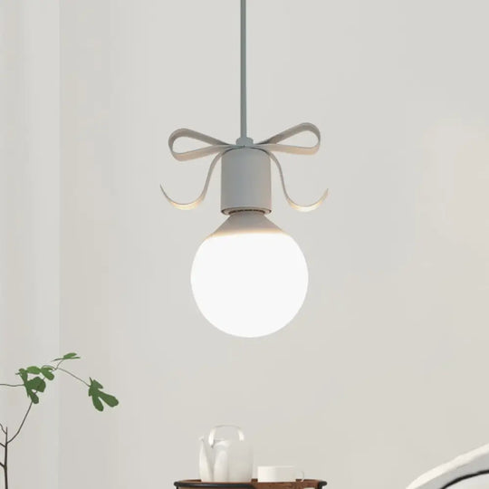 Macaron Modo Hanging Light Kit - White Glass 1-Head Pendant Lamp With Grey/Pink Finish And Bow Deco