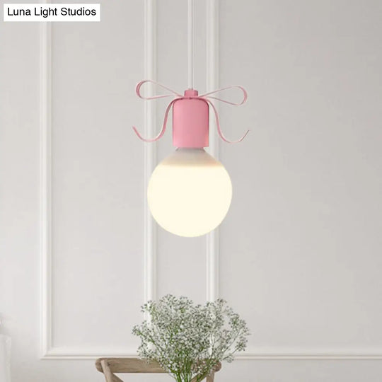 Macaron Modo Hanging Light Kit - White Glass 1-Head Pendant Lamp With Grey/Pink Finish And Bow Deco