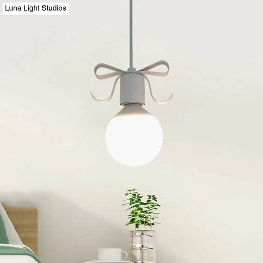 Macaron Modo Hanging Light Kit - White Glass 1-Head Pendant Lamp With Grey/Pink Finish And Bow Deco