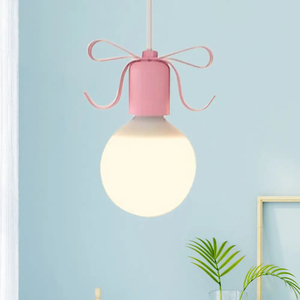 Macaron Modo Hanging Light Kit - White Glass 1-Head Pendant Lamp With Grey/Pink Finish And Bow Deco