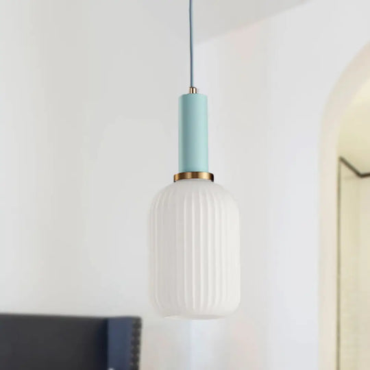 Macaron Pendant Light: Black/Pink/Blue Cylinder/Oval/Drum White Glass Shade 5’/8’/12’ Wide Blue / 5’