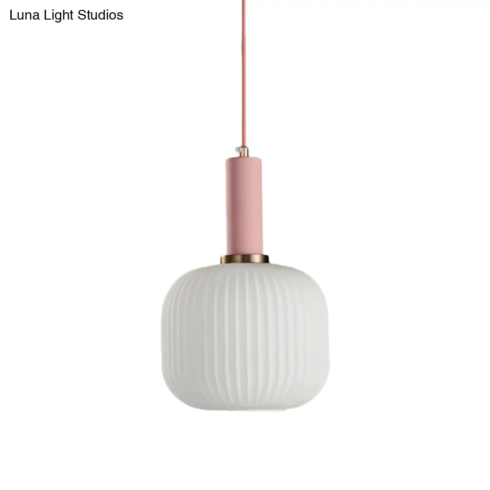 Macaron Black/Pink/Blue Pendant Dining Room Light With White Glass Shade - 5/8/12 Wide