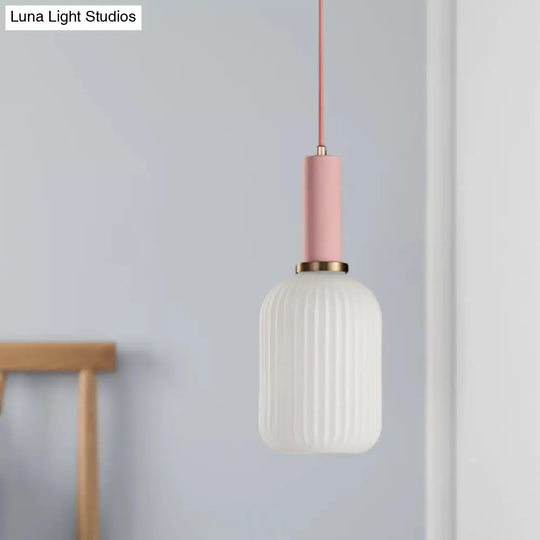 Macaron Pendant Light: Black/Pink/Blue Cylinder/Oval/Drum White Glass Shade 5’/8’/12’ Wide