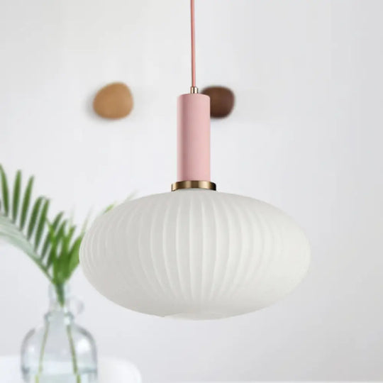 Macaron Pendant Light: Black/Pink/Blue Cylinder/Oval/Drum White Glass Shade 5’/8’/12’ Wide