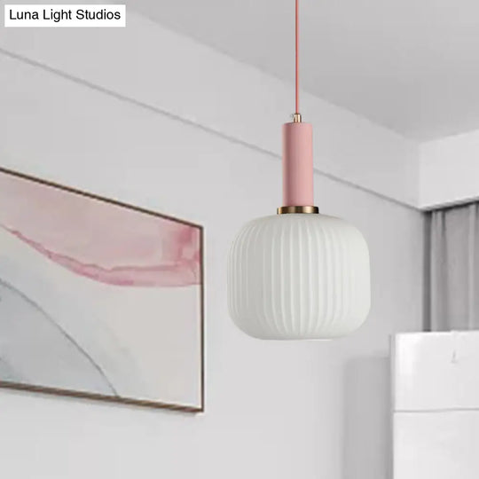 Macaron Black/Pink/Blue Pendant Dining Room Light With White Glass Shade - 5/8/12 Wide