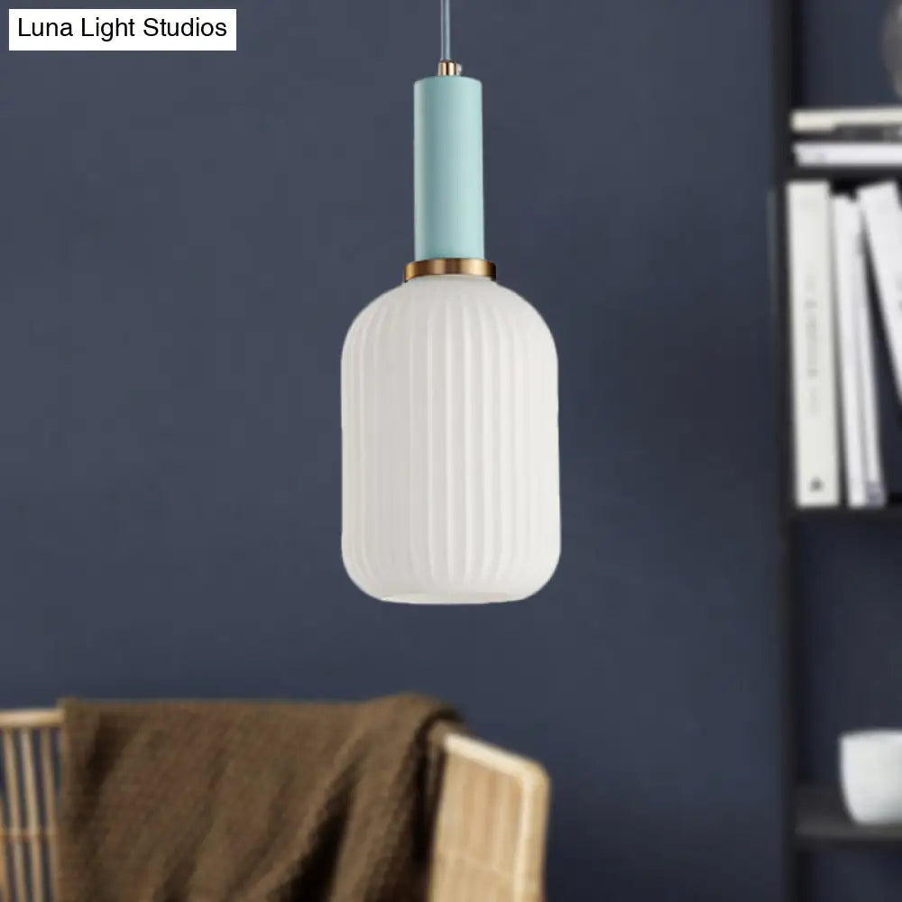 Macaron Pendant Light: Black/Pink/Blue Cylinder/Oval/Drum White Glass Shade 5’/8’/12’ Wide