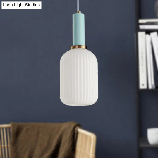 Macaron Pendant Light: Black/Pink/Blue Cylinder/Oval/Drum White Glass Shade 5’/8’/12’ Wide