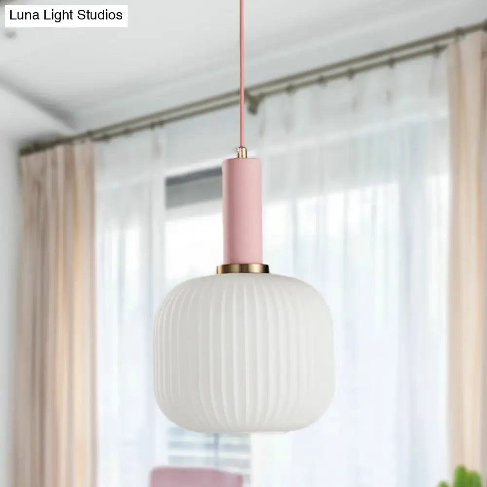 Macaron Black/Pink/Blue Pendant Dining Room Light With White Glass Shade - 5/8/12 Wide Pink / 8