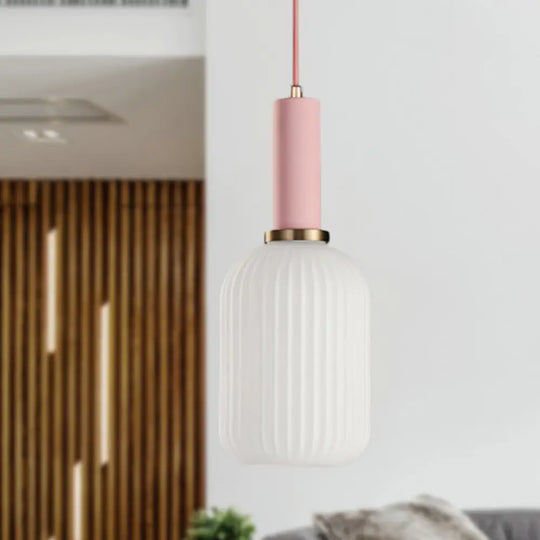 Macaron Pendant Light: Black/Pink/Blue Cylinder/Oval/Drum White Glass Shade 5’/8’/12’ Wide Pink / 5’