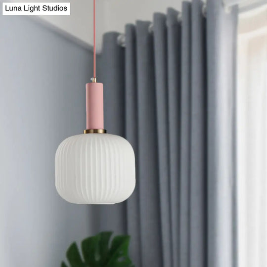 Macaron Pendant Light: Black/Pink/Blue Cylinder/Oval/Drum White Glass Shade 5’/8’/12’ Wide